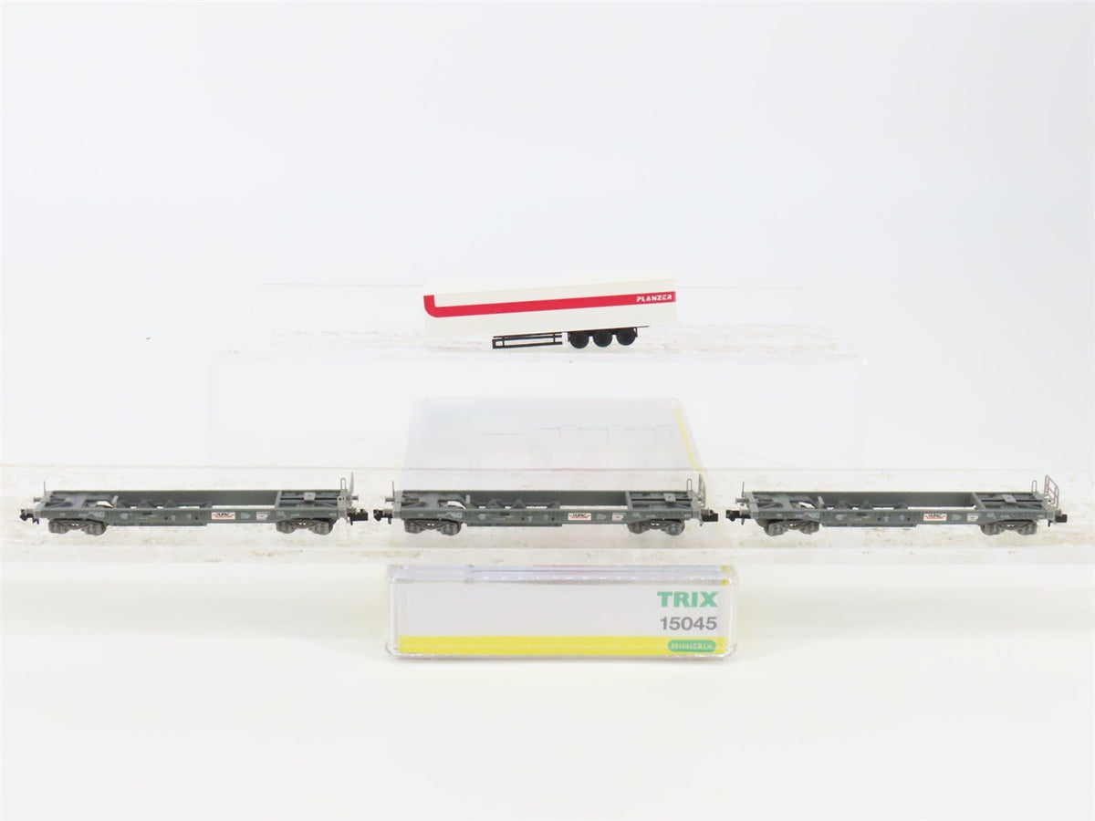 N Scale Trix 15045 SBB-CFF Railway Flatcar 3-Pack w/Containers &amp; Trailers