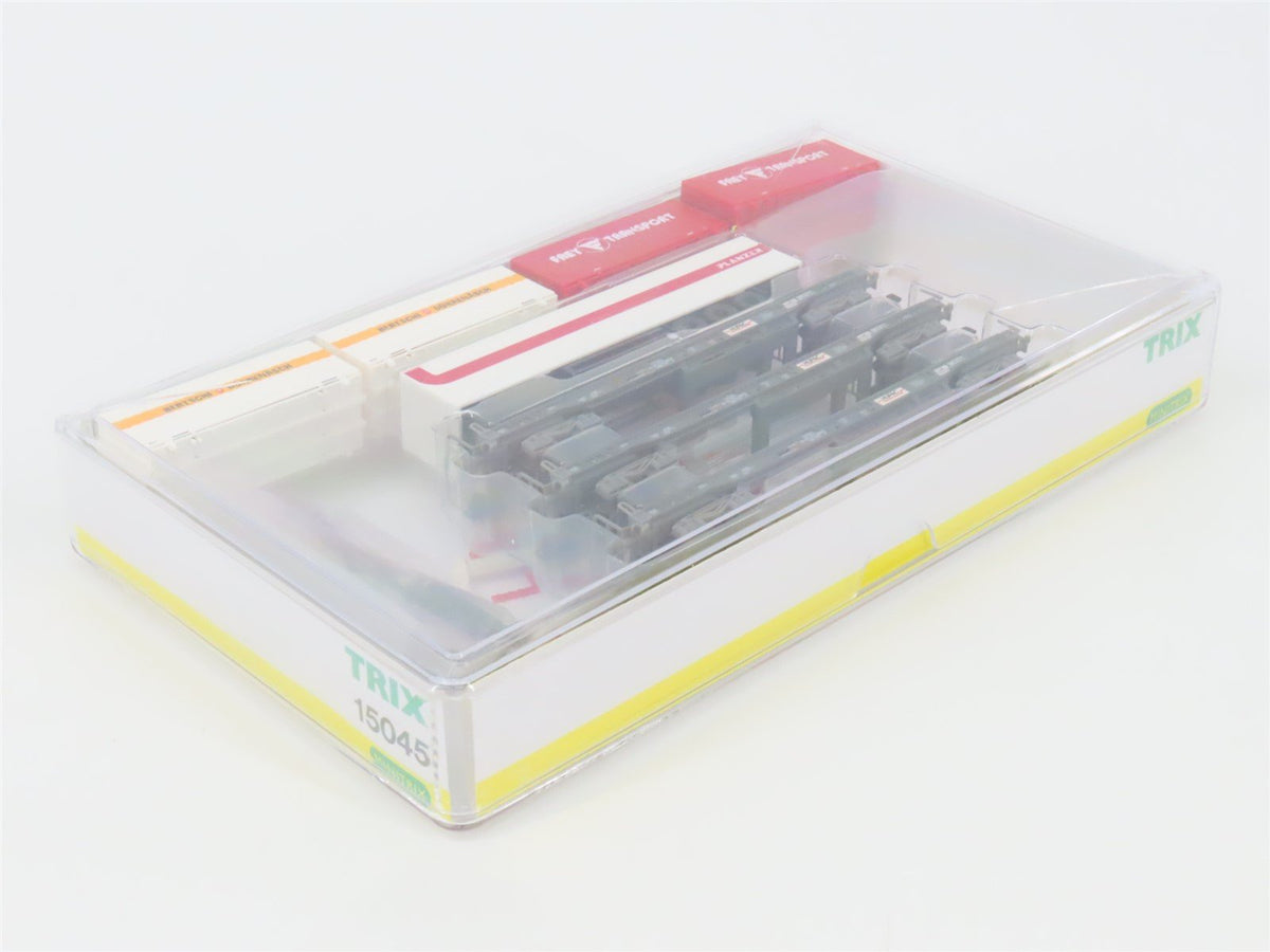 N Scale Trix 15045 SBB-CFF Railway Flatcar 3-Pack w/Containers &amp; Trailers