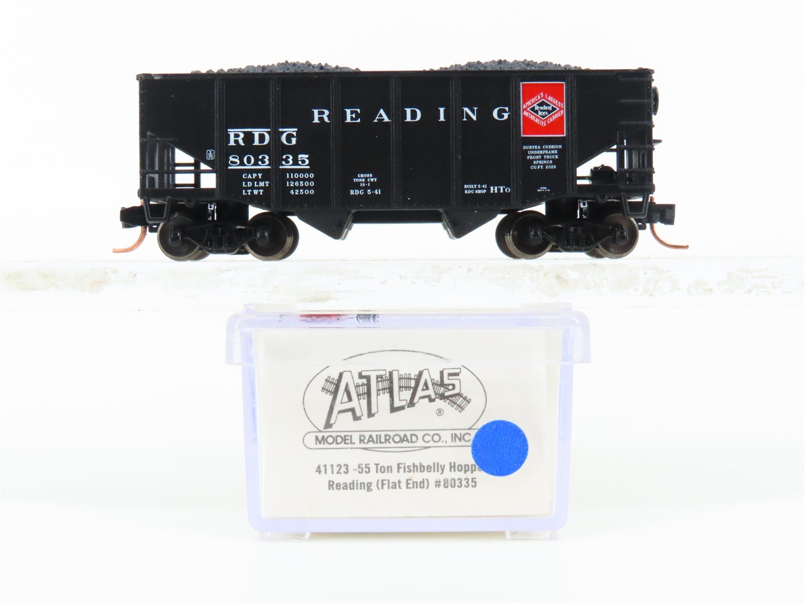 N Scale Atlas 41123 RDG Reading 55-Ton 2-Bay Fishbelly Hopper #80335 w/Coal Load