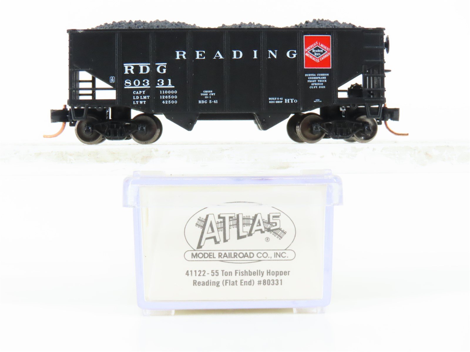 N Scale Atlas 41122 RDG Reading 55-Ton 2-Bay Fishbelly Hopper #80331 w/Coal Load