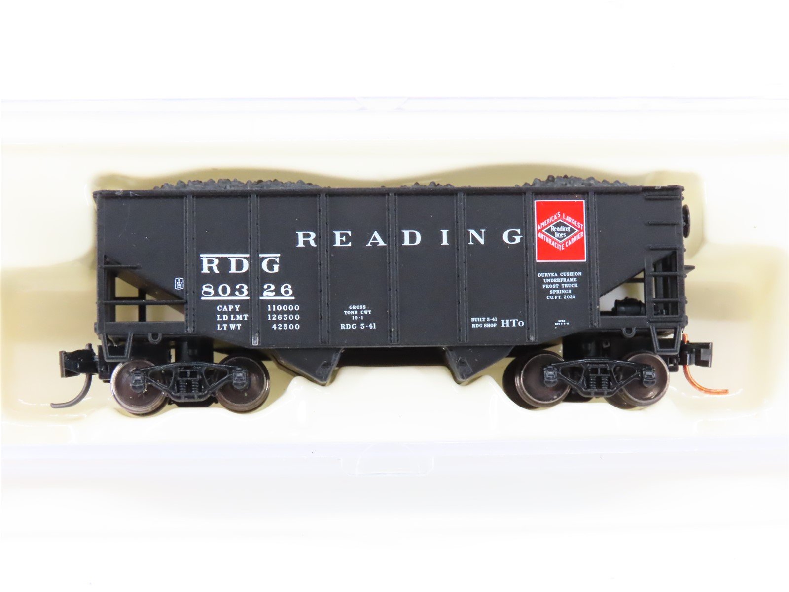 N Scale Atlas 41121 RDG Reading 55-Ton 2-Bay Fishbelly Hopper #80326 w/Coal Load