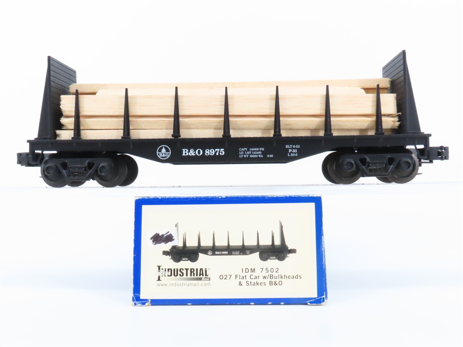 O Gauge 3-Rail Industrial Rail IDM 7502 B&O Bulkhead Flat Car #8975 w/ Stakes