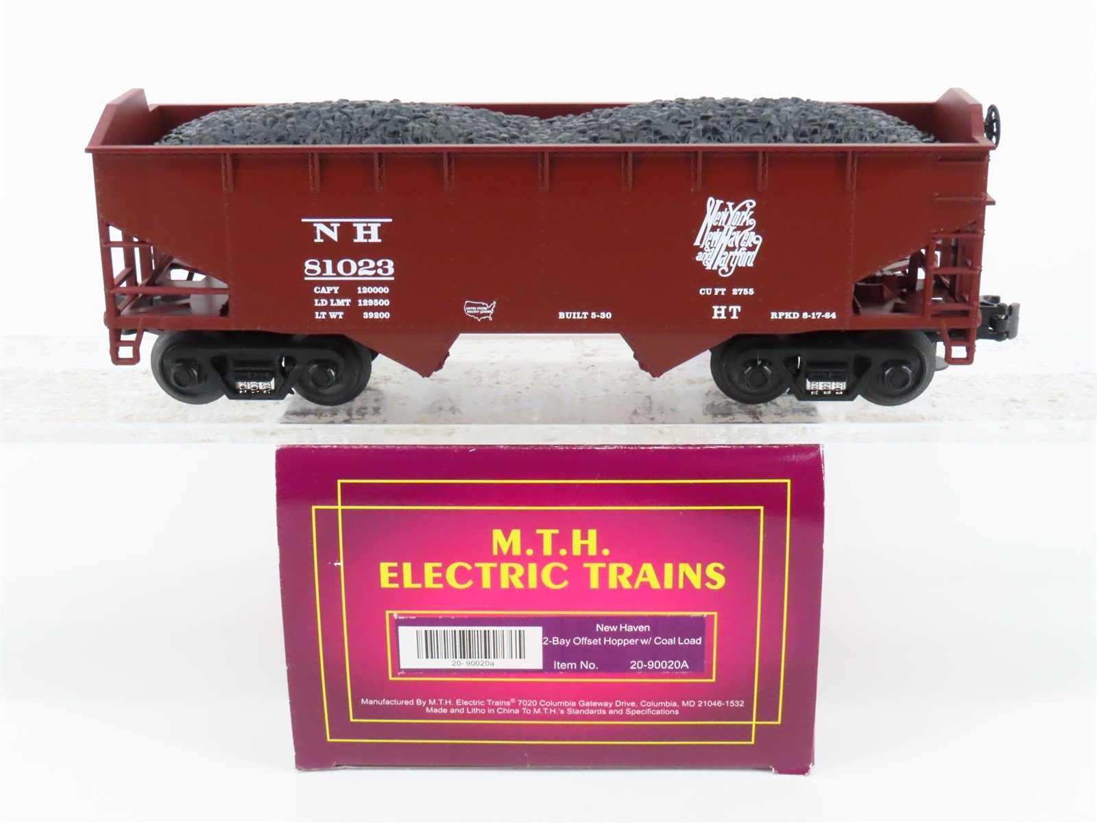 O Gauge 3-Rail MTH 20-90020A NH New Haven 2-Bay Offset Hopper #81023 w/Load