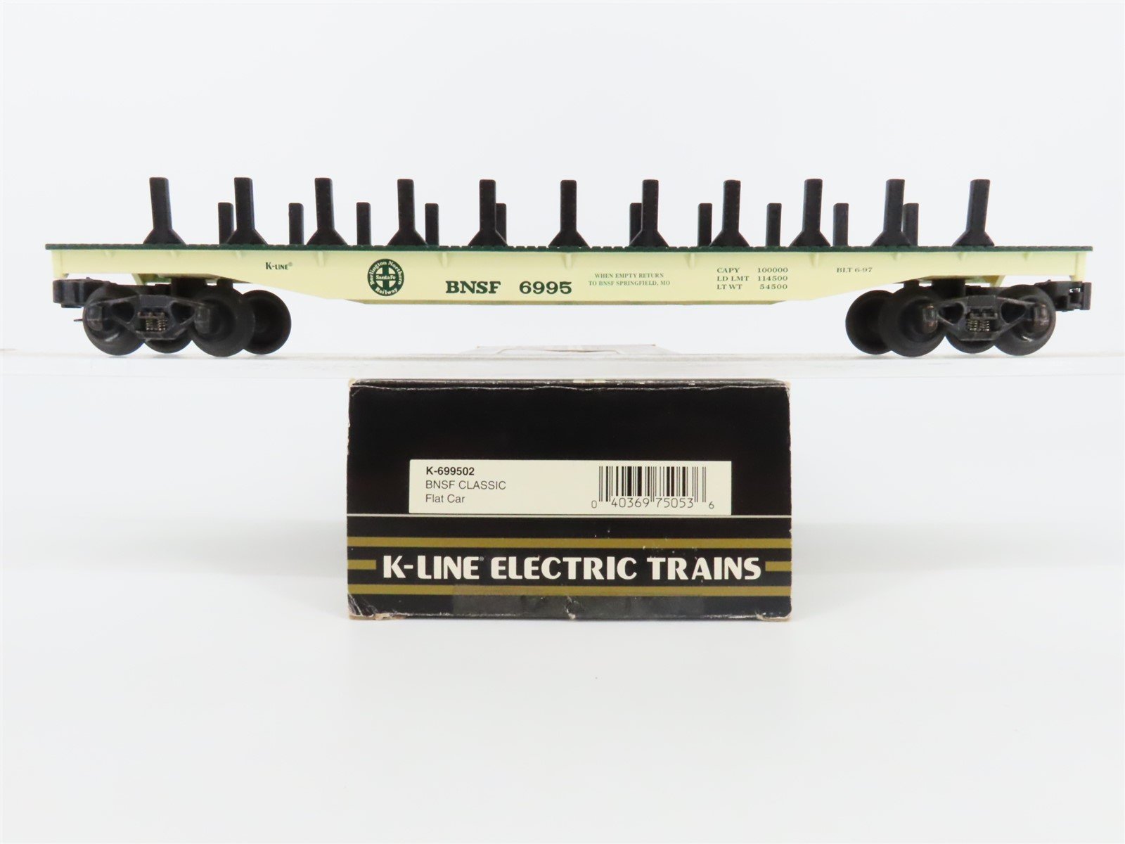 O Gauge 3-Rail K-Line K-699502 BNSF Santa Fe Flat Car W/Pickup Trucks #6995
