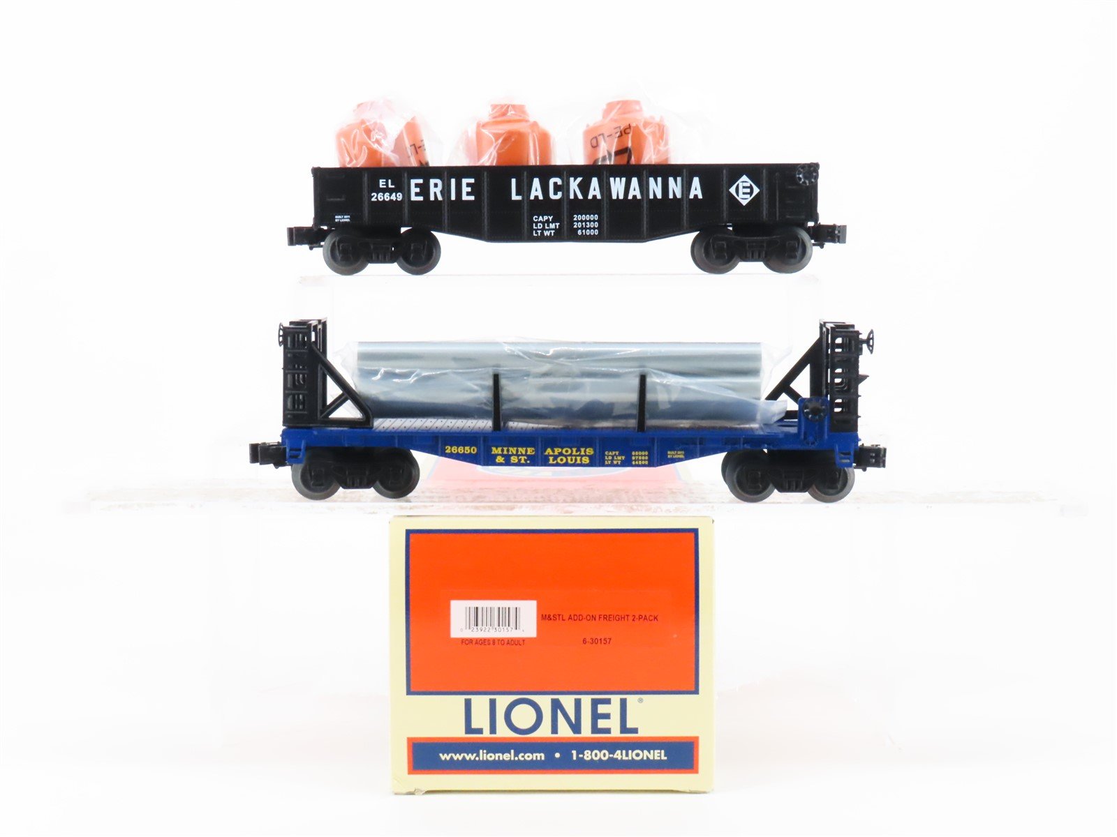O 3-Rail Lionel 6-30157 M&StL/EL Railway Gondola & Flatcar w/Loads 2-Pack