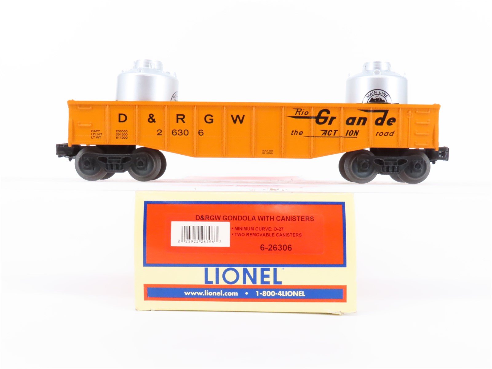 O Gauge 3-Rail Lionel 6-26306 D&RGW Rio Grande Gondola w/Canisters #26306