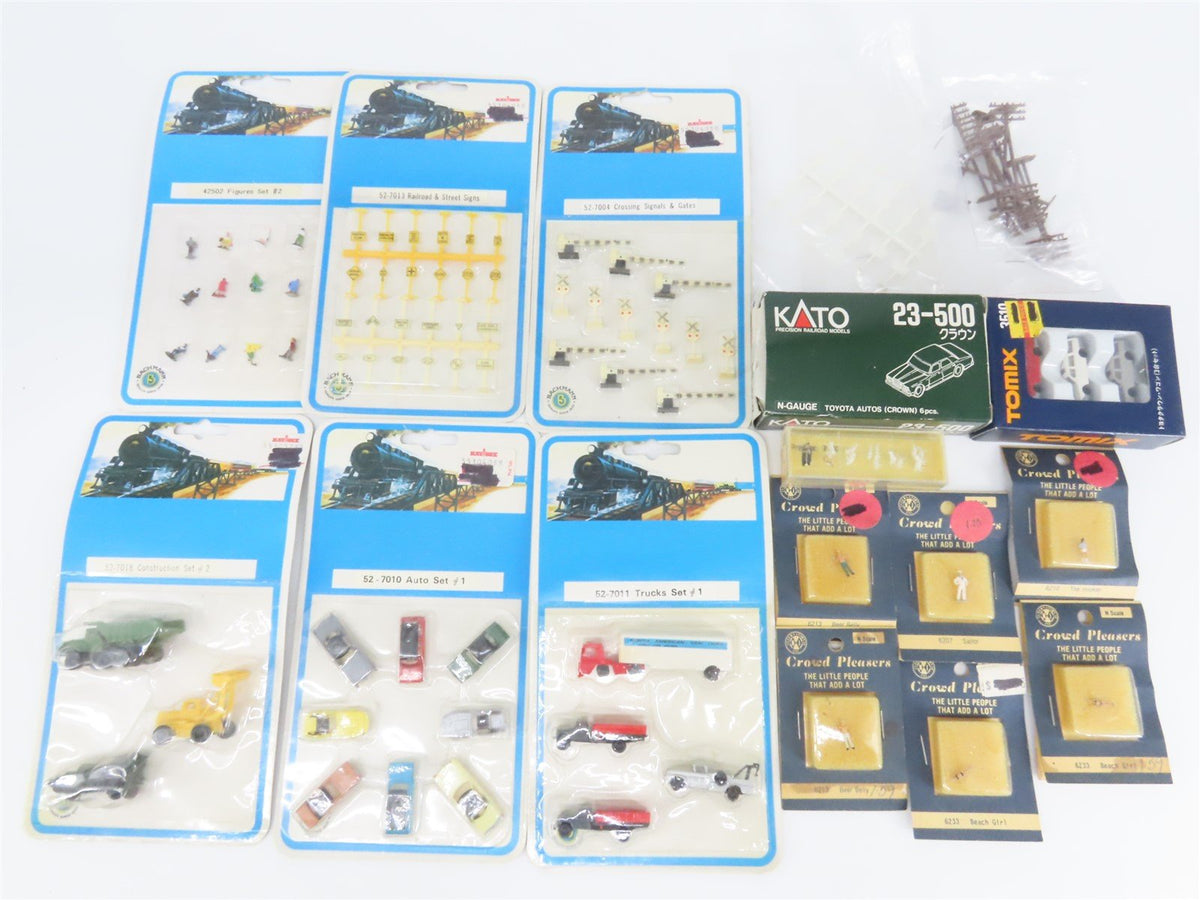 LOT of 10+ N Scale Kato/Tomix Car, Trucks, People Figures &amp; Sign Packs