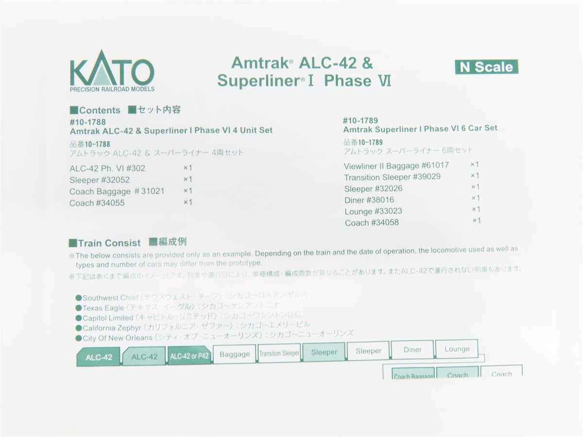 N Scale KATO 10-1788-1 Amtrak ACL-42 Diesel w/ 3 Passenger Car Set