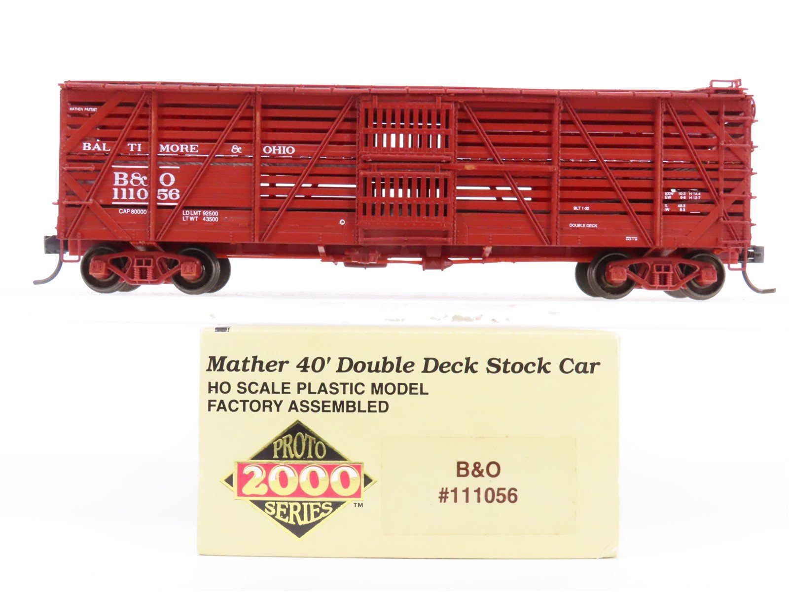 HO Scale PROTO 2000 B&O Baltimore & Ohio 40' Double Deck Stock Car #111056