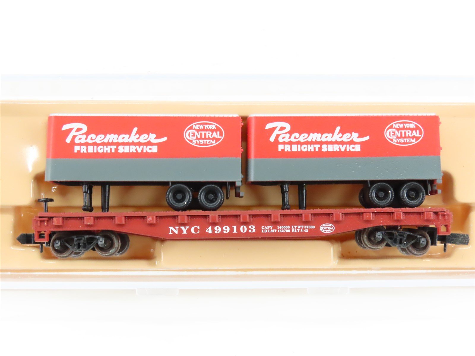 N Scale Atlas 37501 NYC Piggyback Flat Car #499103 w/ 2-24' Pacemaker Trailers
