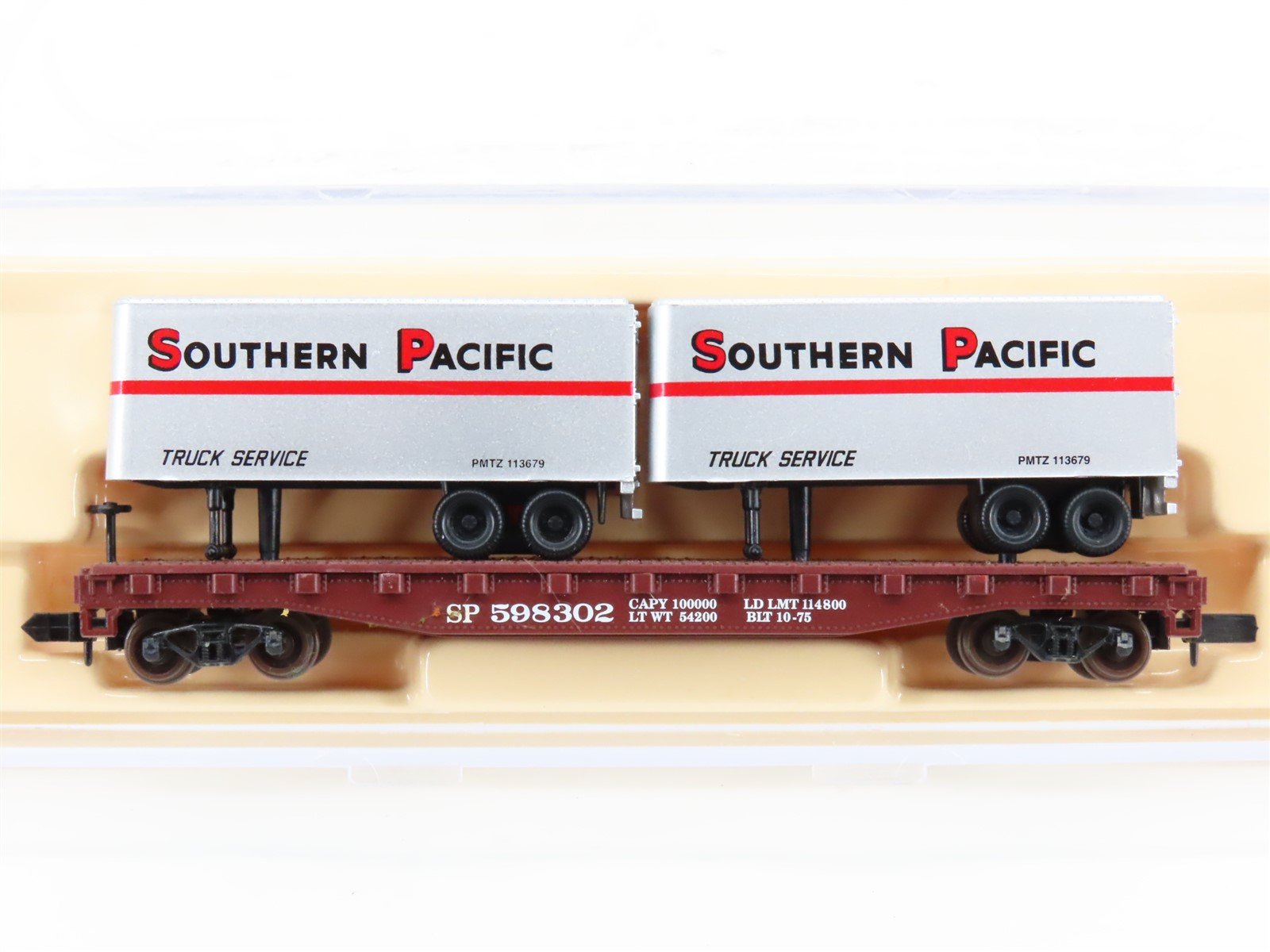 N Atlas 37441 SP Southern Pacific Piggyback Flat Car #598302 w/ 2-24' Trailers