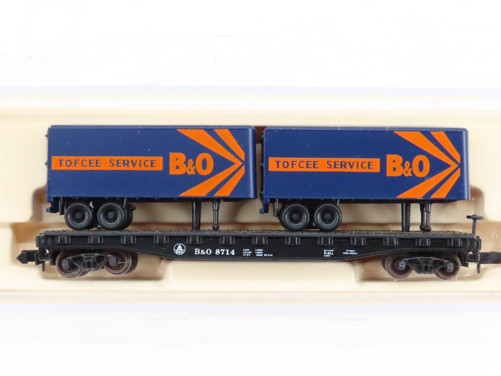 N Atlas 37491 B&O Piggyback Flat Car #8714 w/ 2-24' Tofcee Service Trailers