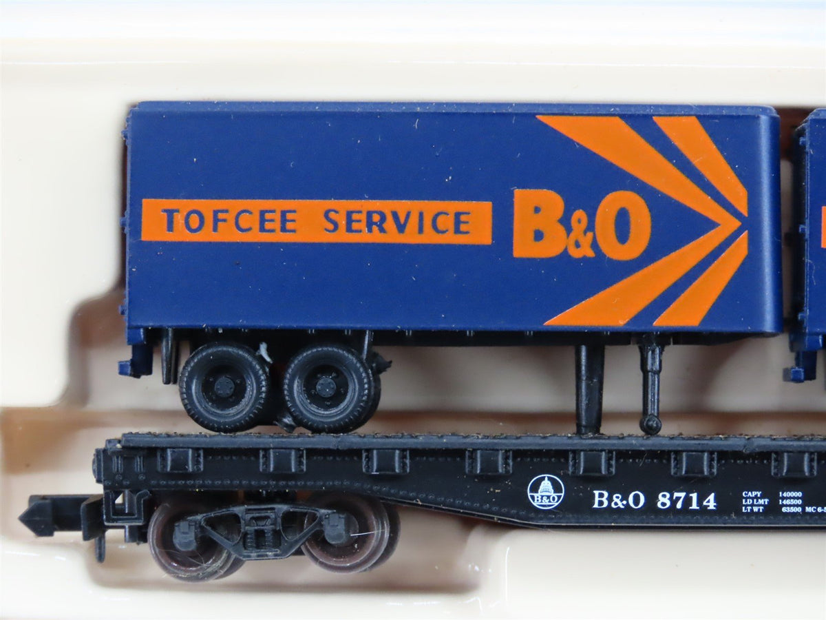 N Atlas 37491 B&amp;O Piggyback Flat Car #8714 w/ 2-24&#39; Tofcee Service Trailers