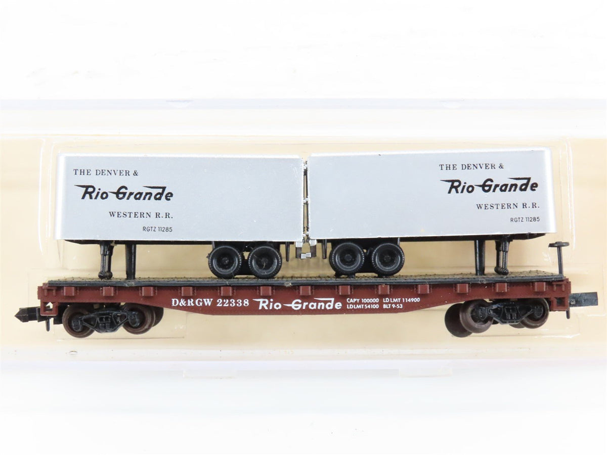 N Scale Atlas 3748 D&amp;RGW Rio Grande Piggyback Flat Car #22338 w/ 2 Trailers