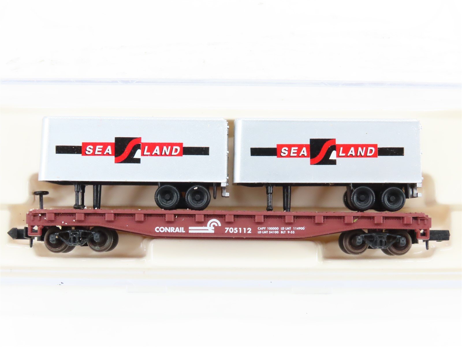 N Atlas 37411 CR Conrail Piggyback Flat Car #705112 w/ 2-24' Sea Land Trailers