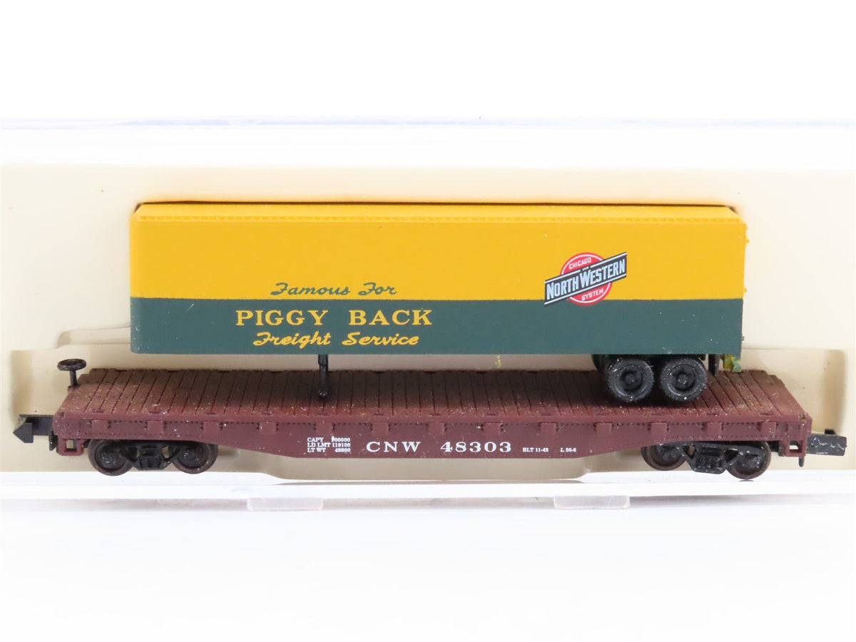 N Atlas 37721 CNW Chicago North Western Piggyback Flat Car #48303 w/ 40&#39; Trailer