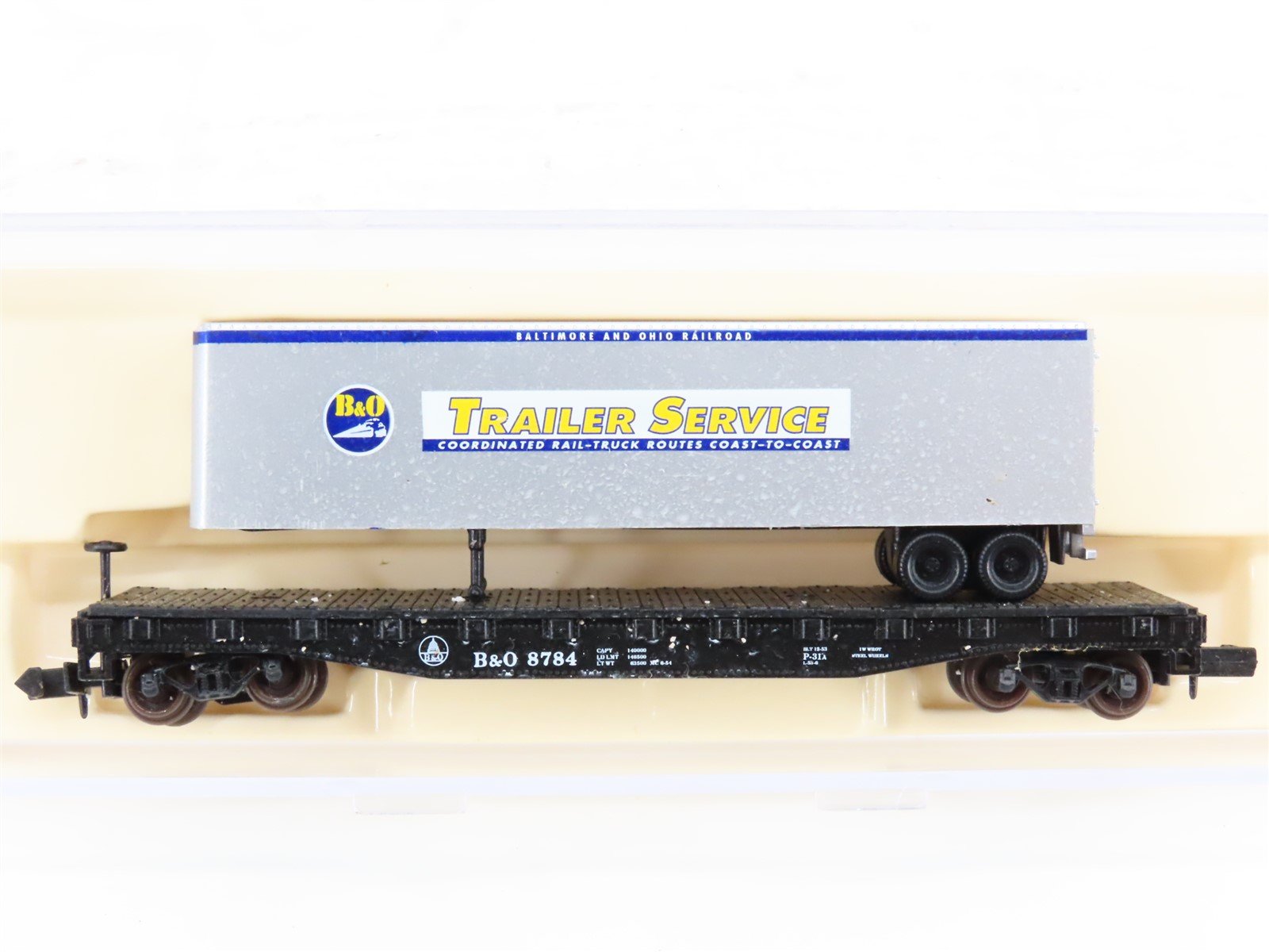 N Atlas 37791 B&O Baltimore & Ohio Piggyback Flat Car #8784 w/ 40' Trailer