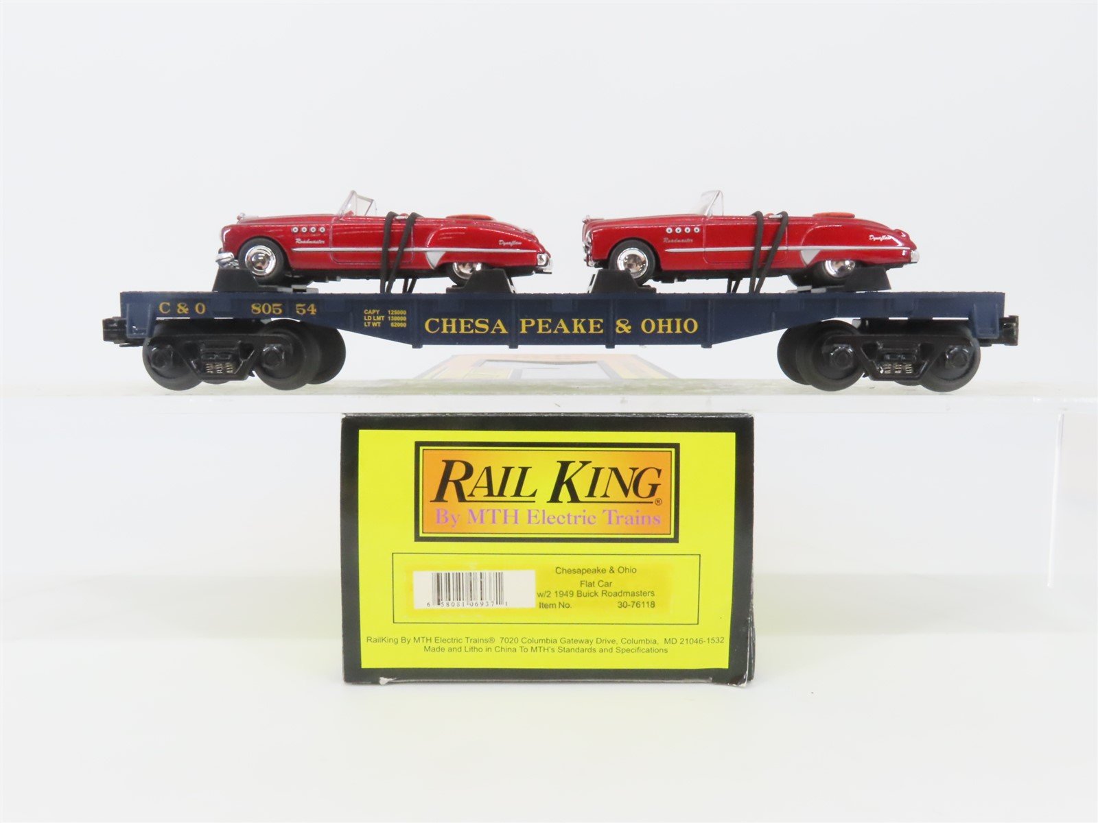 O Gauge 3-Rail MTH Rail King 30-76118 C&O Flat Car #81130 w/ 2 Buick Roadmasters