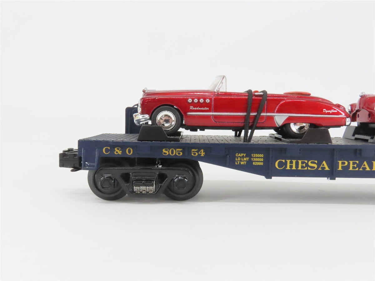 O Gauge 3-Rail MTH Rail King 30-76118 C&amp;O Flat Car #81130 w/ 2 Buick Roadmasters