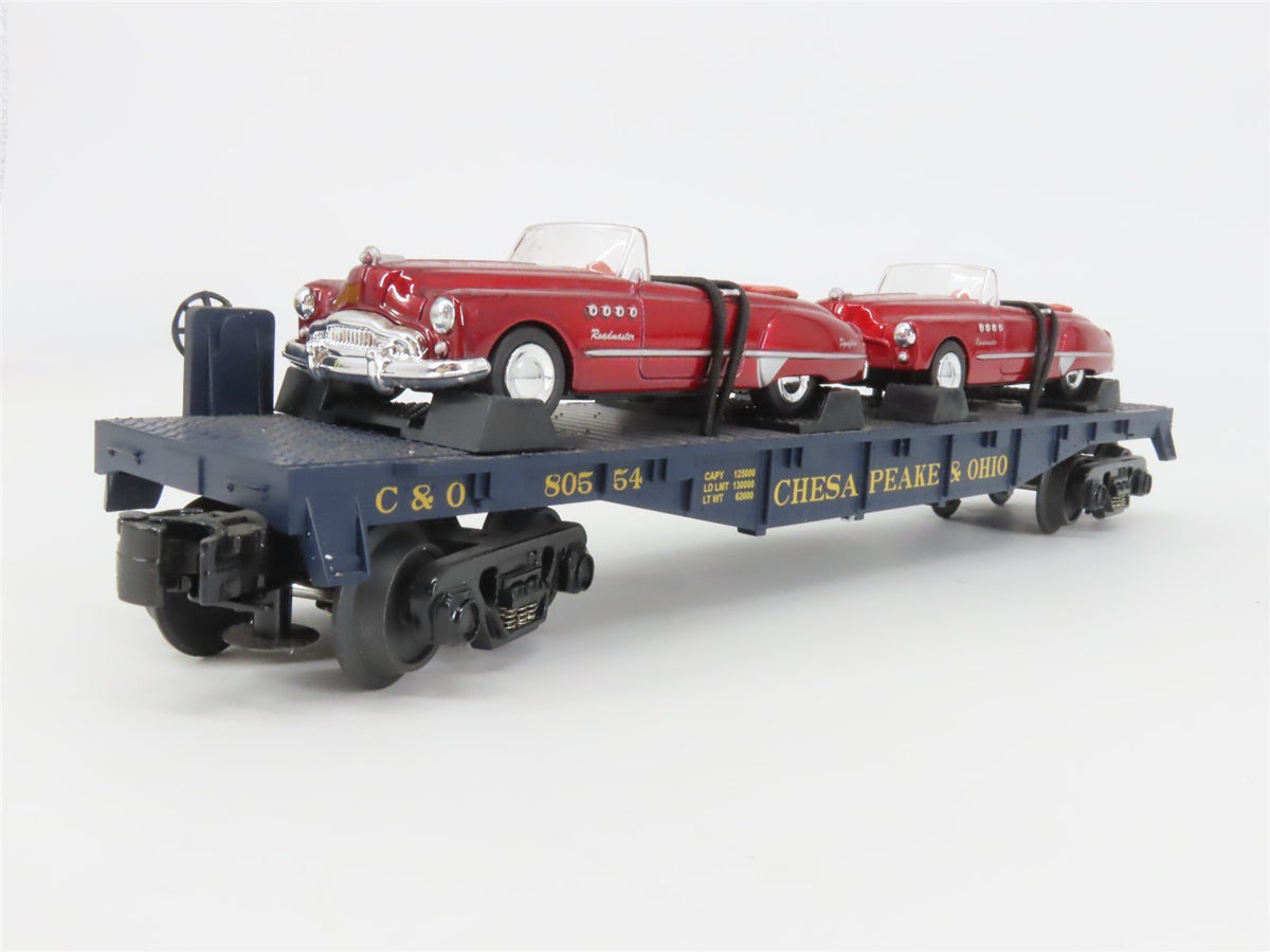 O Gauge 3-Rail MTH Rail King 30-76118 C&amp;O Flat Car #81130 w/ 2 Buick Roadmasters
