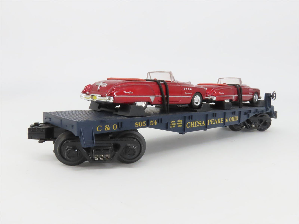 O Gauge 3-Rail MTH Rail King 30-76118 C&amp;O Flat Car #81130 w/ 2 Buick Roadmasters