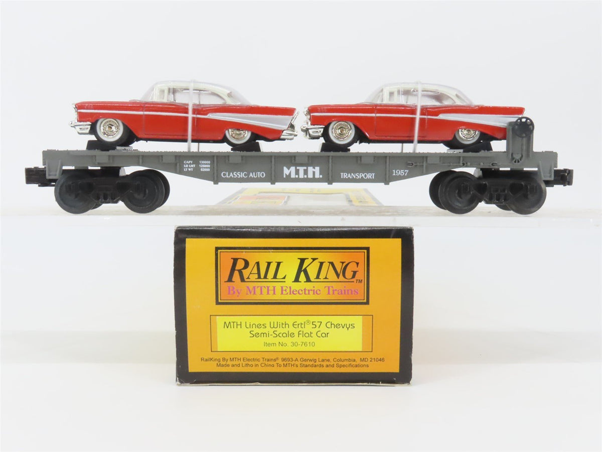 O Gauge 3-Rail MTH Rail King 30-7610 Auto Transport Flat Car #1957 w/ 2 Chevys