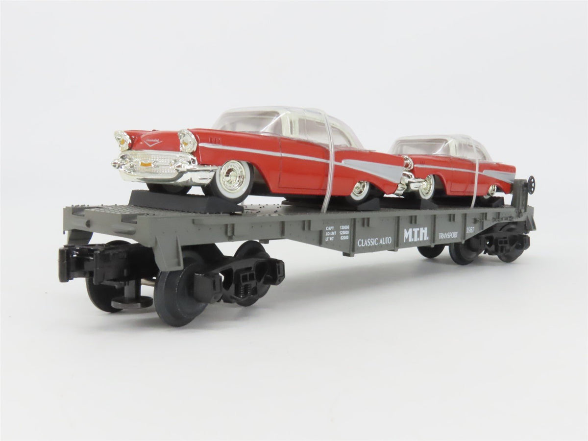 O Gauge 3-Rail MTH Rail King 30-7610 Auto Transport Flat Car #1957 w/ 2 Chevys