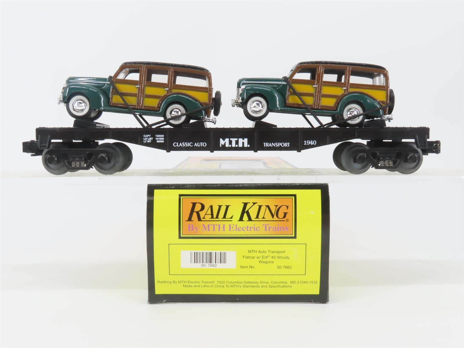 O Gauge 3-Rail MTH Rail King 30-7662 Flat Car #1940 w/ 2 Woody Wagons