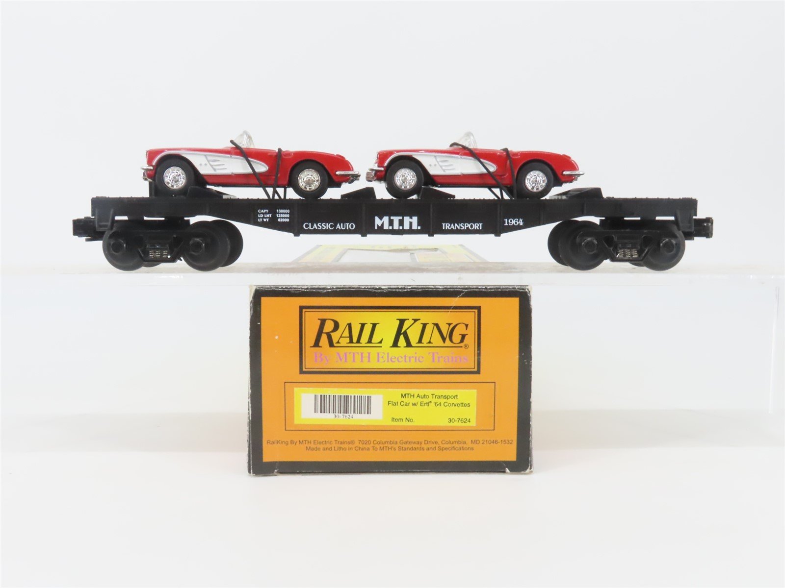 O Gauge 3-Rail MTH Rail King 30-7624 Auto Transport Flat Car 1964 w/ 2 Corvettes