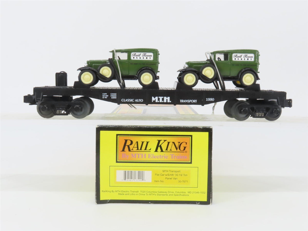 O Gauge 3-Rail MTH Rail King 30-7671 Flat Car #1930 w/ 2 Ertl Panel Vans