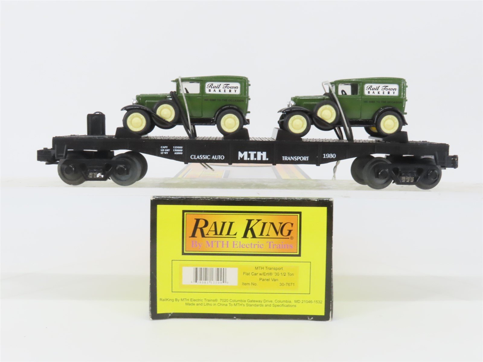 O Gauge 3-Rail MTH Rail King 30-7671 Flat Car #1930 w/ 2 Ertl Panel Vans