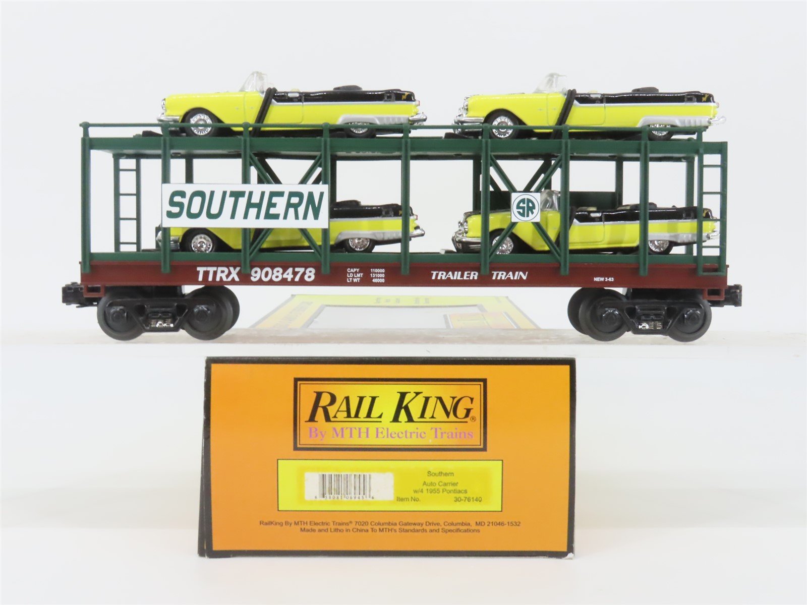 O Gauge 3-Rail MTH Rail King 30-76140 SOU Auto Carrier #908478 w/ 4 Pontiacs