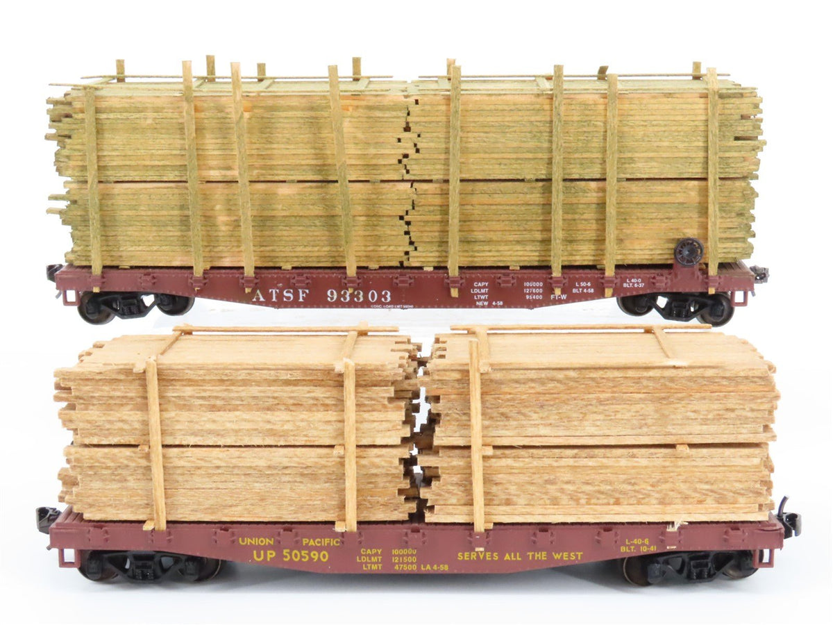 LOT of 2 HO Scale ATSF Santa Fe &amp; UP Union Pacific Flat Cars w/ Custom Loads