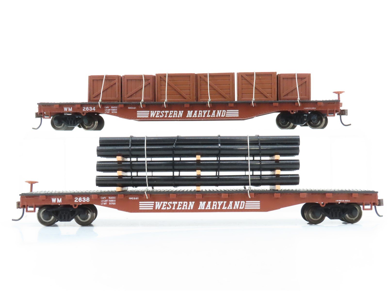 LOT of 2 HO Scale Bachmann WM Western Maryland Flat Cars w/ Custom Loads