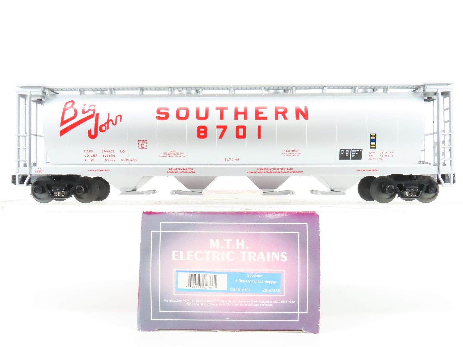 O Gauge 3-Rail MTH 20-97435 SOU Southern 4-Bay Cylindrical Hopper #8701