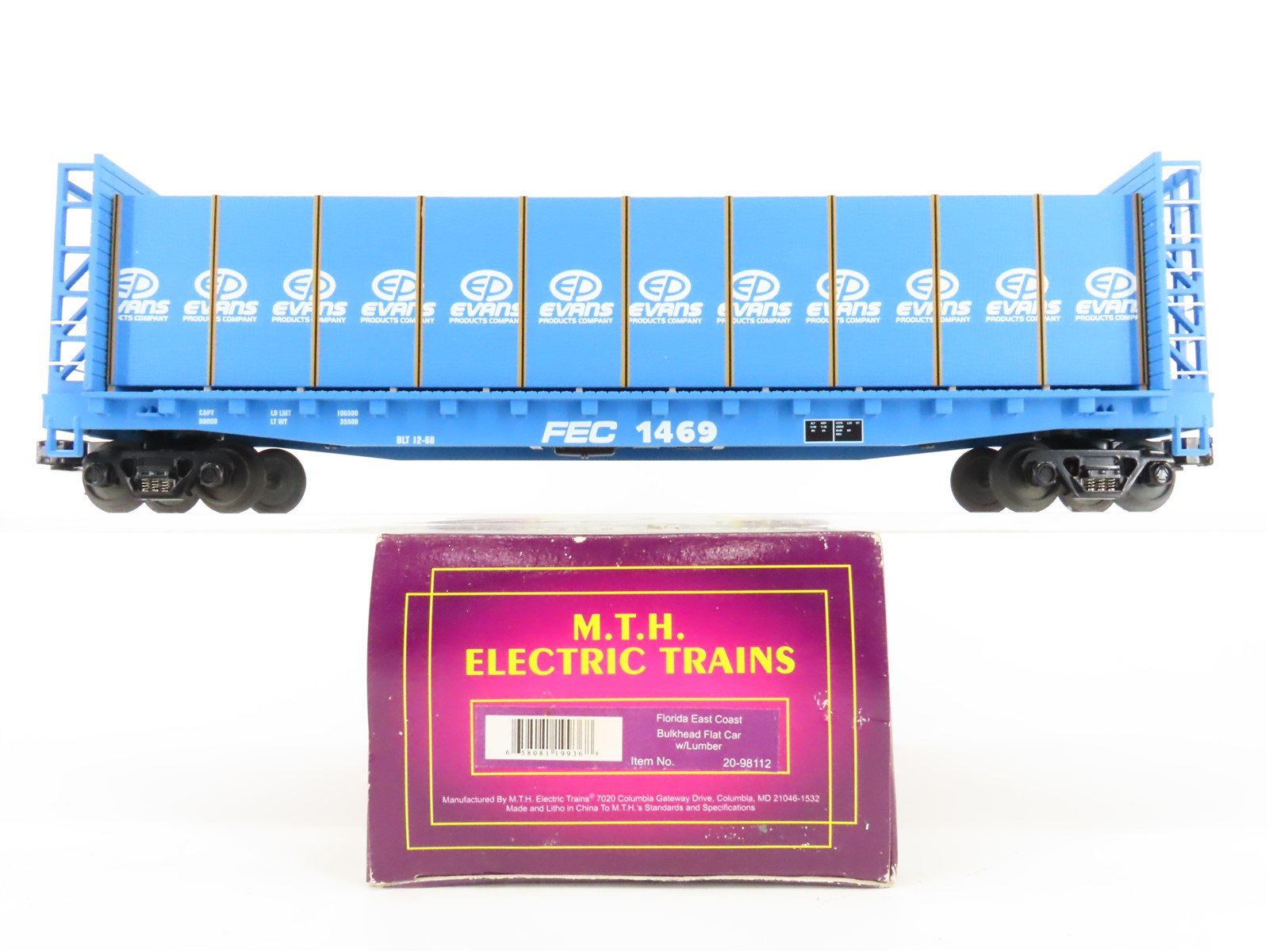 O Gauge 3-Rail MTH 20-98112 FEC Florida East Coast Bulkhead Flat Car 1469 w/Load