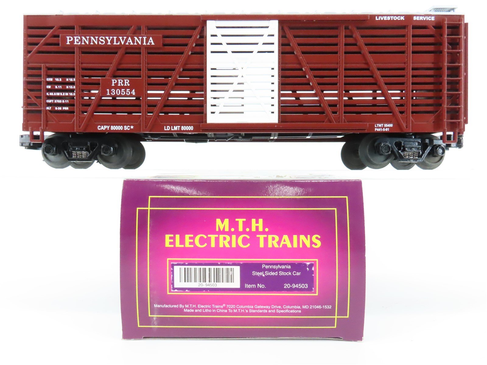 O Gauge 3-Rail MTH 20-94503 PRR Pennsylvania 40' Steel-Side Stock Car #130554