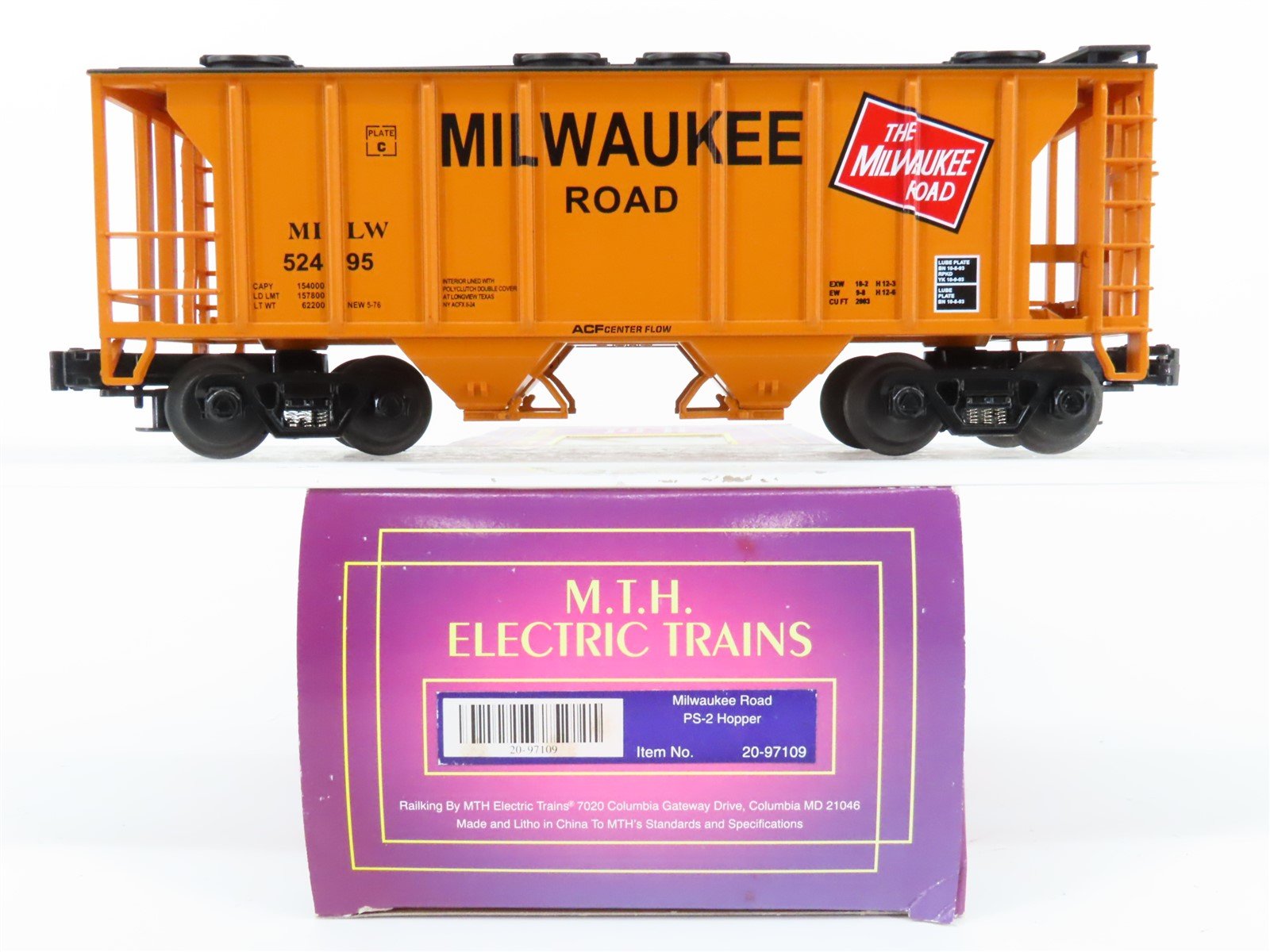 O Gauge 3-Rail MTH 20-97109 MILW Milwaukee Road 2-Bay Covered Hopper #52495