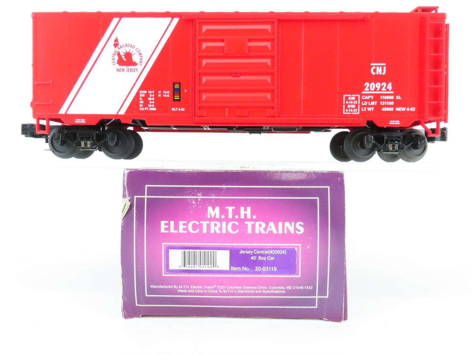 O Gauge 3-Rail MTH 20-93119 CNJ Jersey Central 40' Single Door Box Car #20924