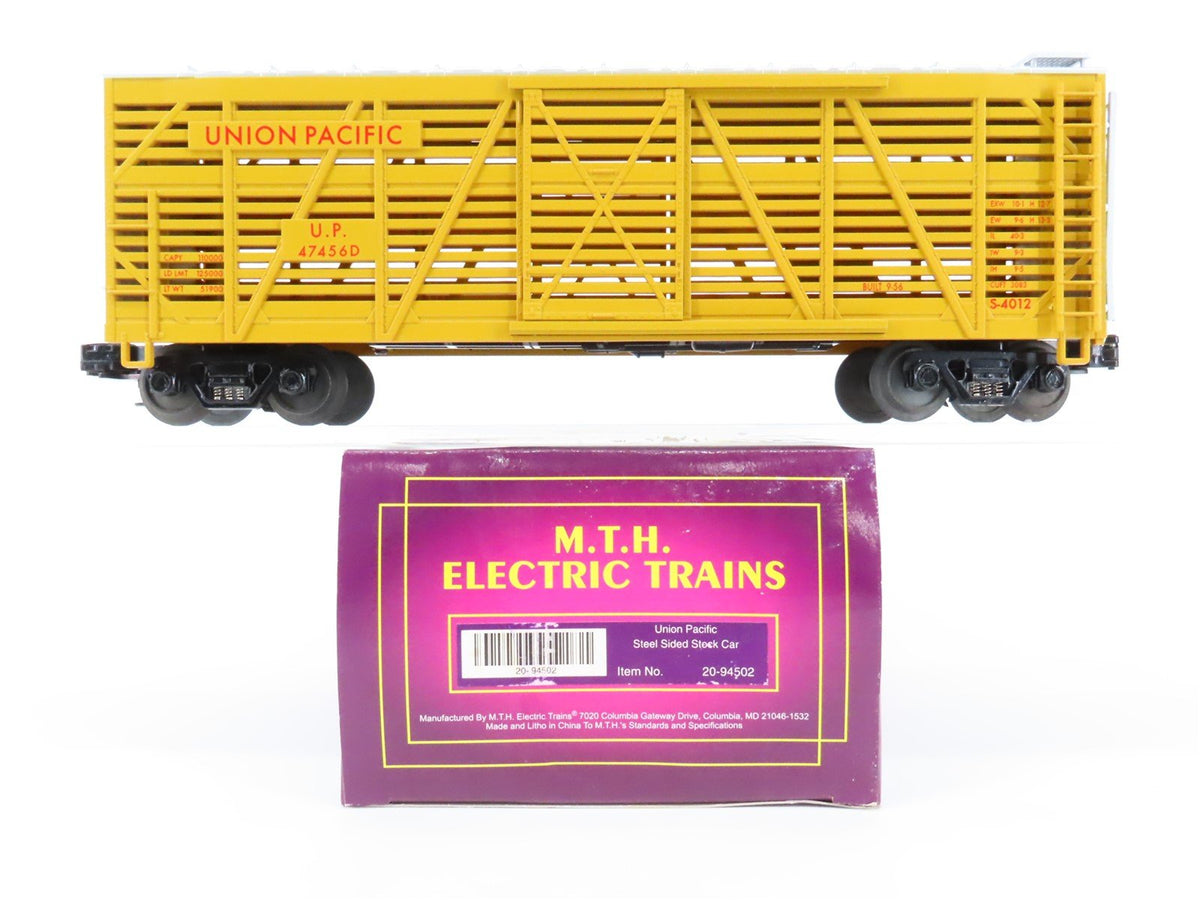 O Gauge 3-Rail MTH 20-94502 UP Union Pacific 40&#39; Steel-Side Stock Car #47456D