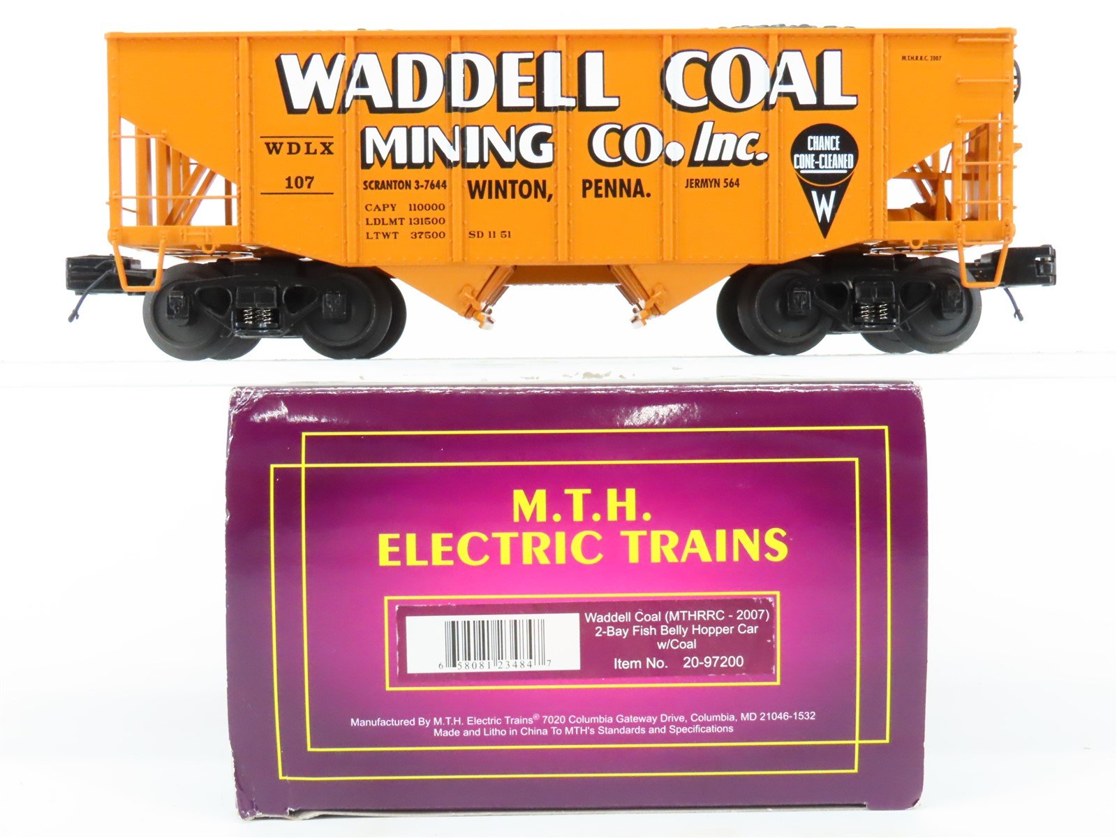 O Gauge 3-Rail MTH 20-97200 WDLX Waddell Coal 2-Bay Fishbelly Hopper #107 w/Load