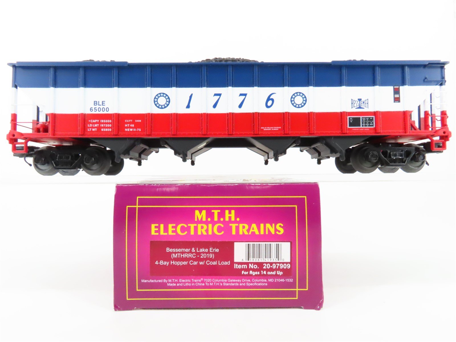 O Gauge 3-Rail MTH 20-97909 B&LE "Bicentennial" 4-Bay Hopper #65000 w/ Load