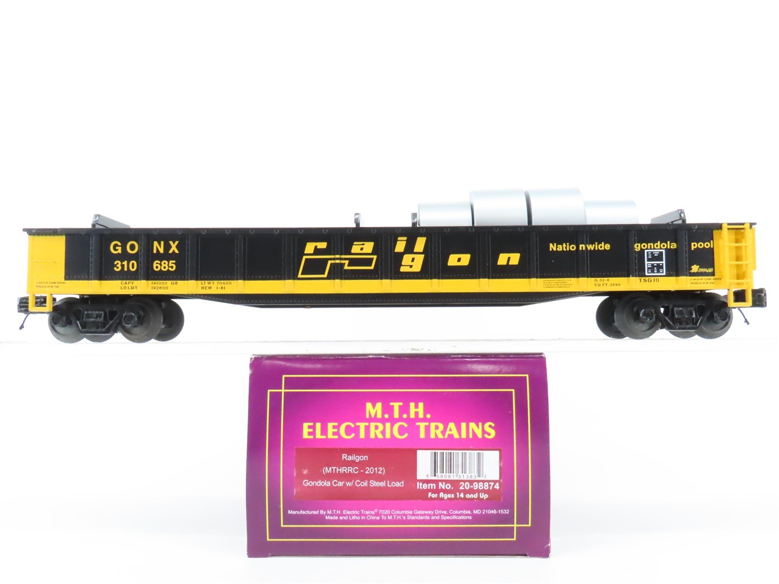 O Gauge 3-Rail MTH 20-98874 GONX Railgon 53' Gondola #310685 w/ Coil Steel Load
