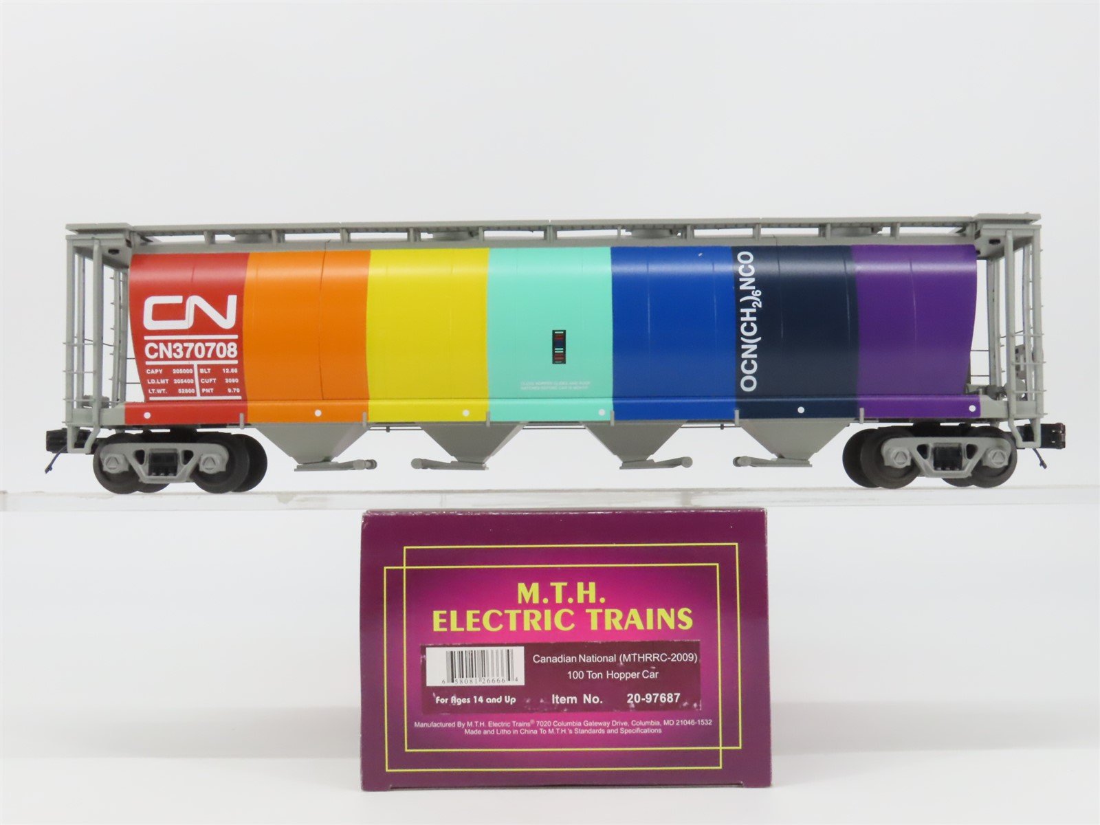 O Gauge 3-Rail MTH 20-97687 CN "Rainbow" 4-Bay Cylindrical Hopper #370708