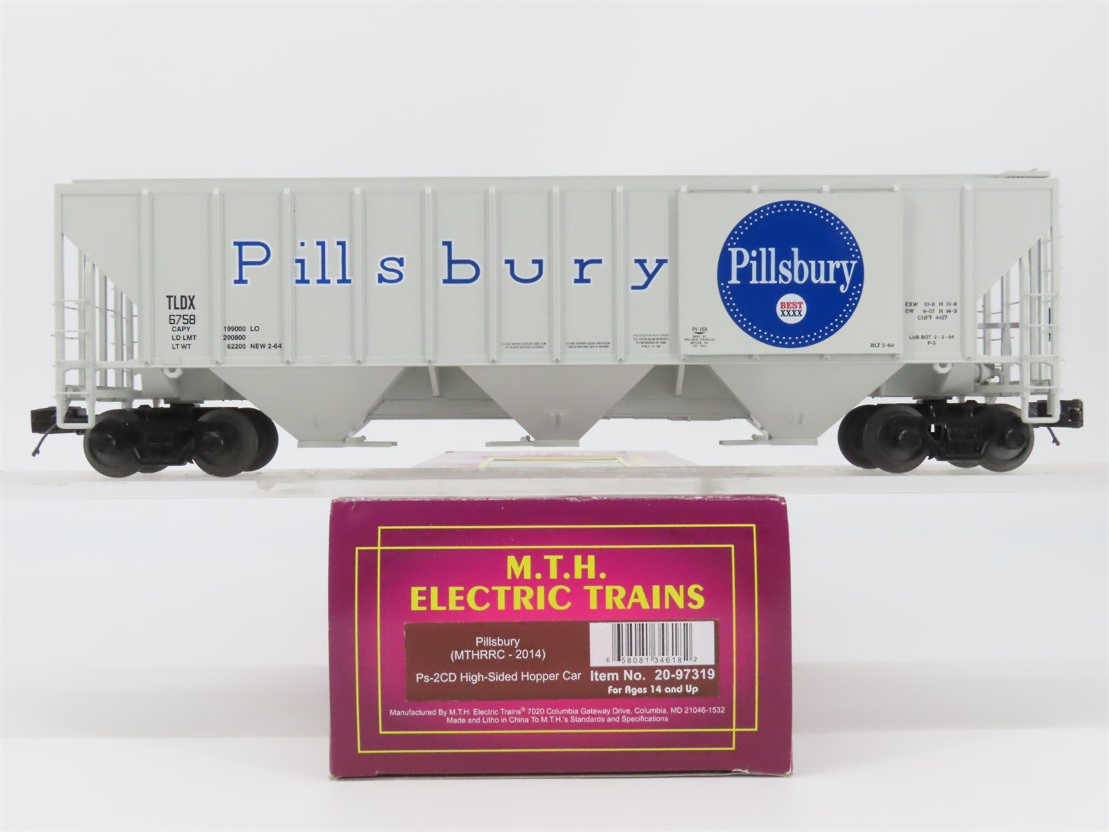 O Gauge 3-Rail MTH 20-97319 TLDX Pillsbury 3-Bay Covered Hopper #6758