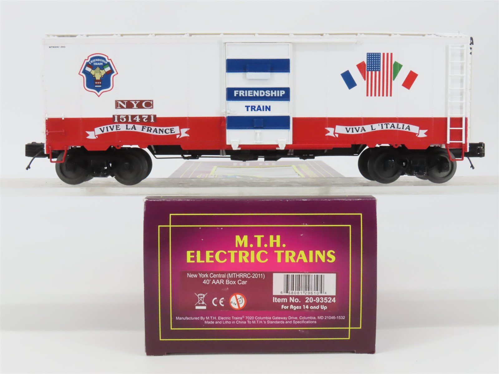 O Gauge 3-Rail MTH 20-93524 NYC "Friendship Train Italy/France" Box Car #151471
