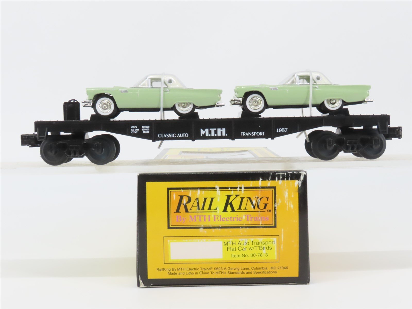 O27 Gauge 3-Rail MTH RailKing 30-7613 Auto Transport Flat Car #1957 w/ T'Birds