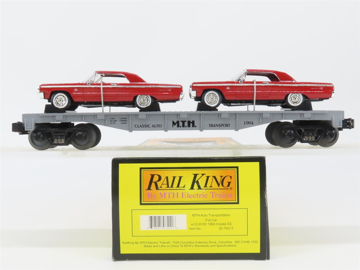O27 Gauge 3-Rail MTH RailKing 30-76013 Flat Car #1964 w/ 2 Ertl Chevy Impala SS