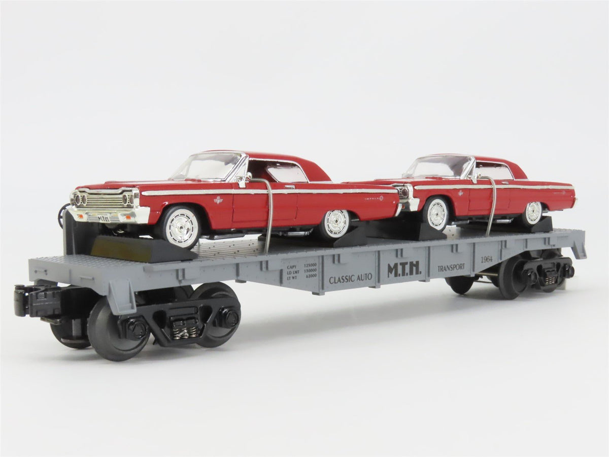 O27 Gauge 3-Rail MTH RailKing 30-76013 Flat Car #1964 w/ 2 Ertl Chevy Impala SS