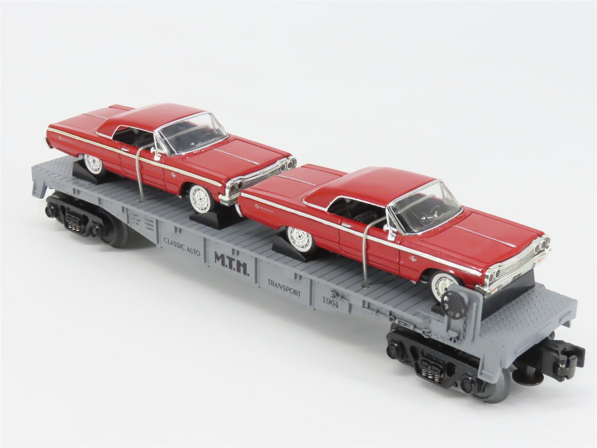 O27 Gauge 3-Rail MTH RailKing 30-76013 Flat Car #1964 w/ 2 Ertl Chevy Impala SS